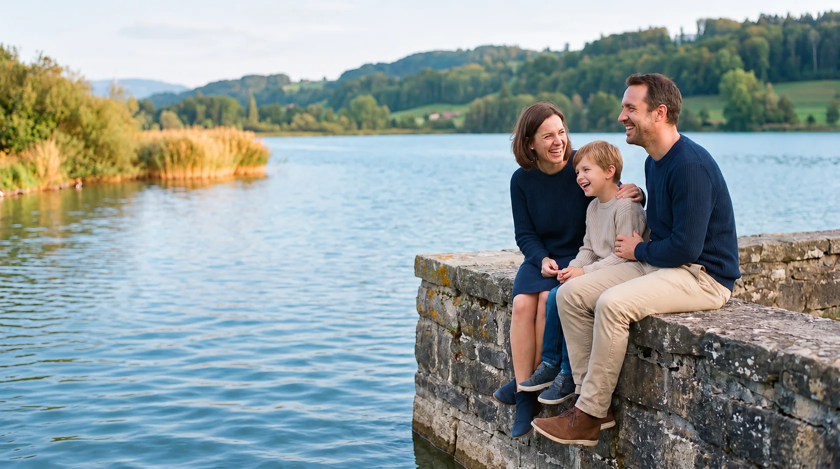 Eine Familie geniesst einen gemeinsamen Moment am See. KI-generiertes Symbolbild.
